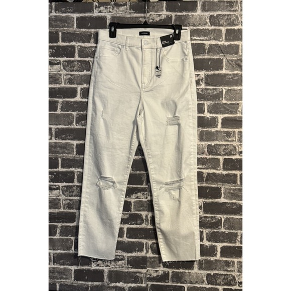 Express Denim - Express White Mom Jean Super High Rise Jeans 8R Raw Hem Distressed NWT